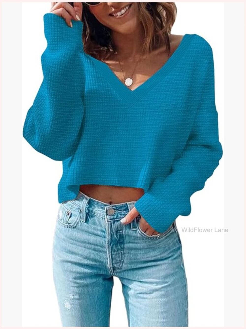 Women's V Neck Waffle Knit Cropped Top Long Sleeve Pullover Sweater Casual